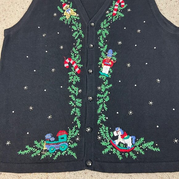 Vintage Victoria Jones Black Embroidered Christmas Sweater Vest Size 2X Women's - Picture 2 of 5